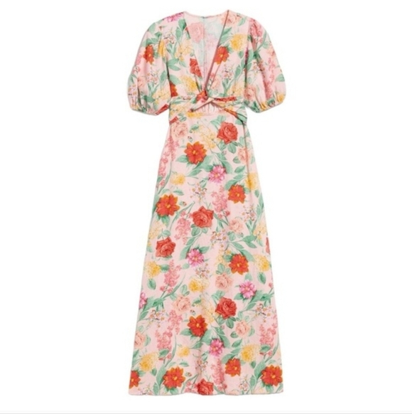 NWT Old Navy Linen Blend Twist Front Floral Midi Dress Pink Green Garden Party L - Picture 3 of 15